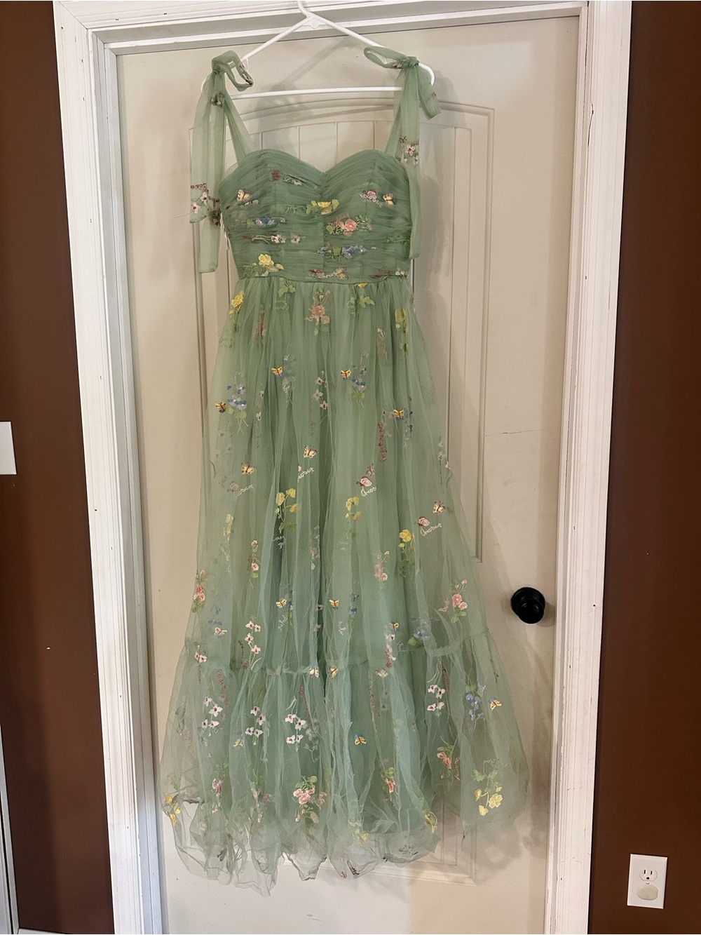 Sage Green Floral Embroidered Tulle Maxi Dress